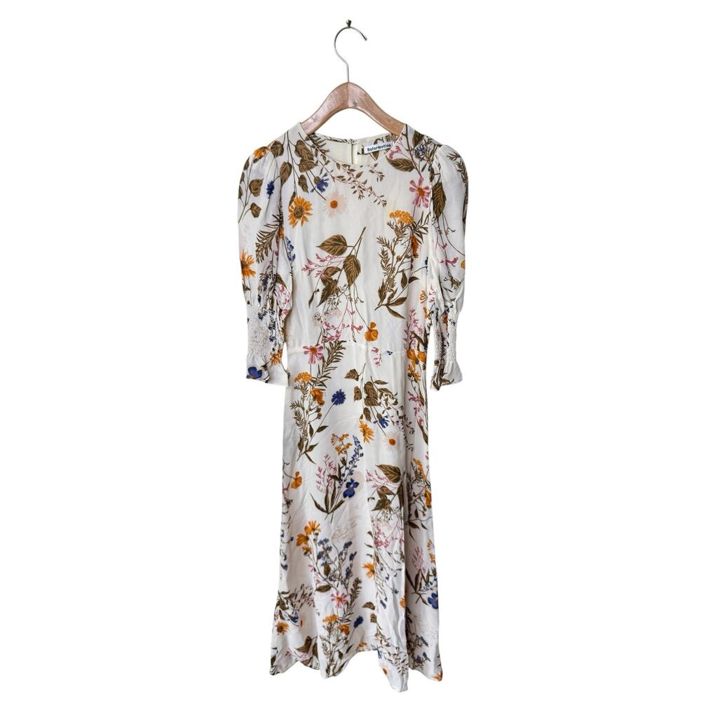 REFORMATION Carolena Dress in Frolic Floral 3/4 Sleeve Front Slit Size 2